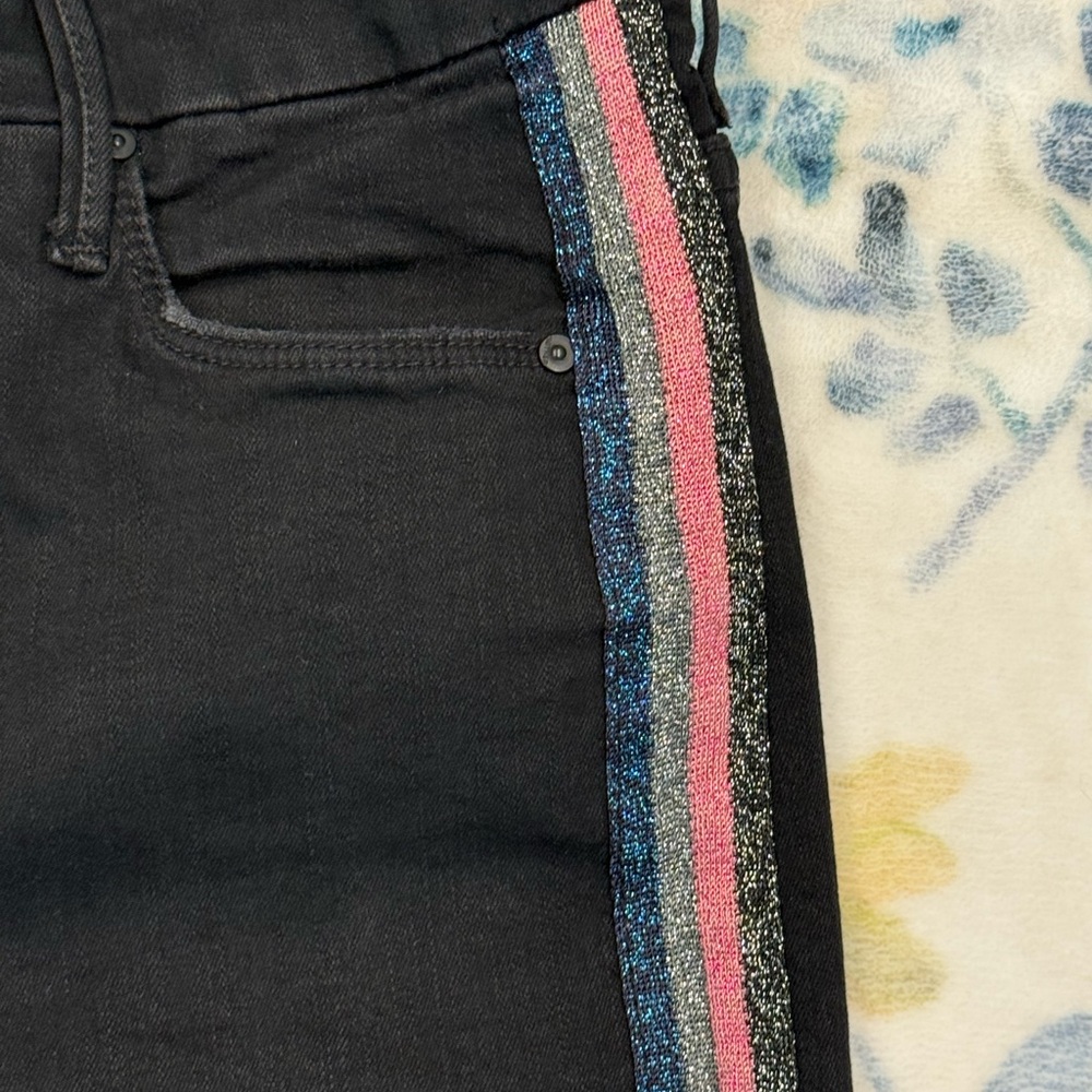MOTHER  High Waisted Looker Ankle Fray Jeans with Rainbow Glitter Stripes 30